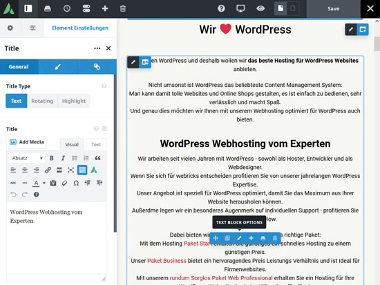 Benutzerinterface WordPress Website Baukasten