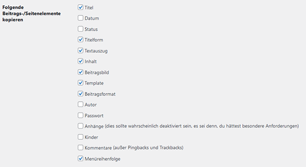 Beitrag Duplizieren Seitenelemente