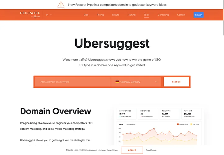 Ubersuggest bietet kostenlos ausführliche Analysen für bis zu drei Keywords täglich.