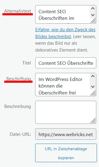 Der alt-Tag kann in der WordPress Mediathek ganz einfach gesetzt werden.